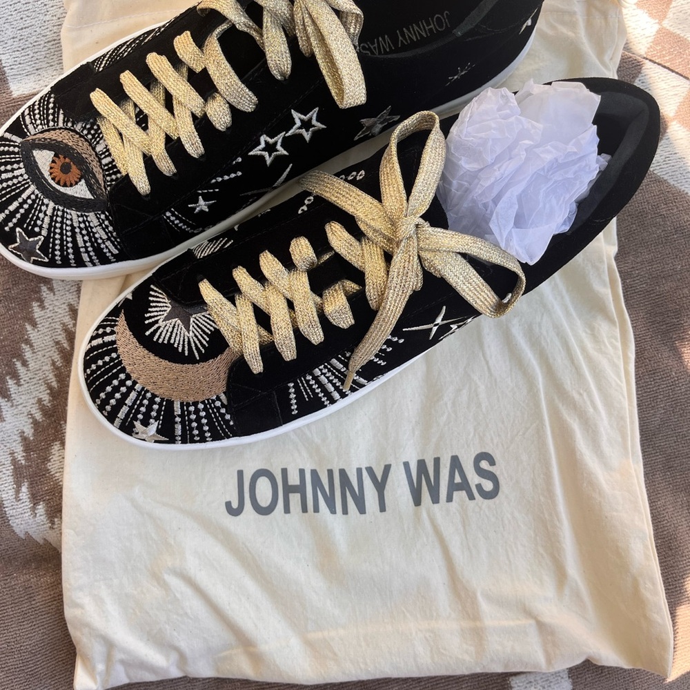 New in Box Johnny Was celestial Black Sneakers with Gold Embroidery